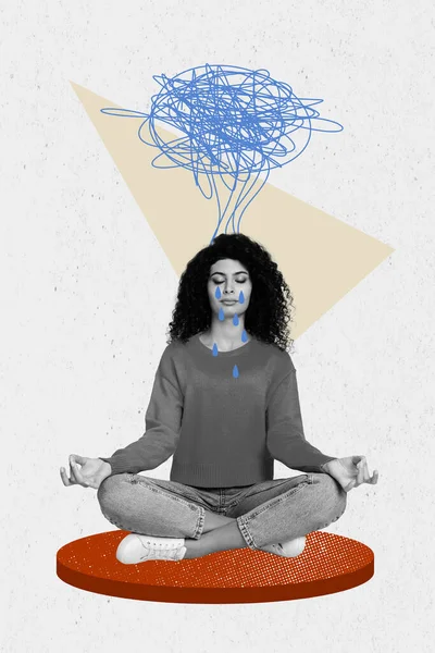 Photo Spirituality Collage Cute Sitting Woman Balance Meditation Trying Solve — Stock Photo, Image