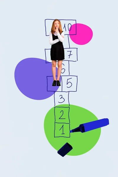 Vertikal Collage Bild Sinnade Mini Flicka Brainstorming Stå Hopscotch Siffror — Stockfoto