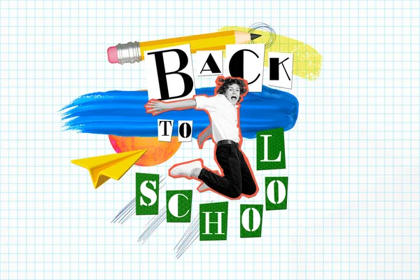 Collage Photo Placard Banner Advert School Concept Funky Boy Jumping — Φωτογραφία Αρχείου