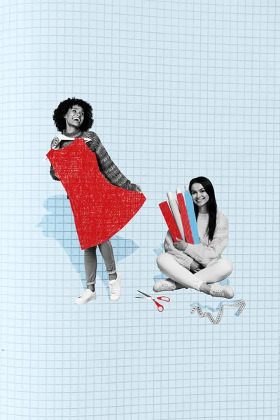 Verticale Collage Foto Naaister Advertentie Atelier Meisjes Proberen Creëren Beste — Stockfoto