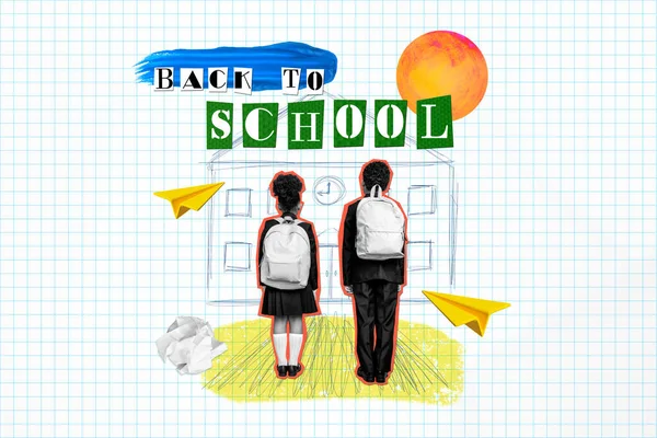 2つの黒い白い色の子供の創造的なコラージュは チェッカーされたコピーブックの背景に隔離された学校に戻ります — ストック写真