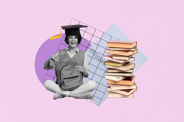 Collage Ilustraciones Imagen Señora Divertida Excitada Graduándose Universidad Aislado Color — Foto de Stock