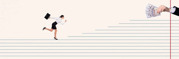 Illustration Magazine Picture Collage Hardworking Lady Running Goal Purpose Earn — Stock Photo, Image