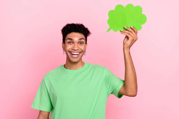 Foto Chico Excitado Positivo Usar Camiseta Verde Mente Creciente Nube — Foto de Stock