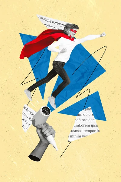 卡通奇幻人物形象的图像海报拼贴还原图片超人飞舞动作快 在绘画背景上取得了阶段性的成功 — 图库照片