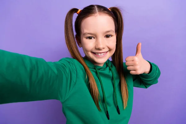 Selfie Cheerful Small Girl Brown Hair Tails Thumb Symbol Her — Stock Photo, Image