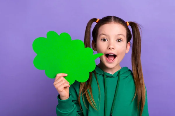 Φωτογραφία Από Χαριτωμένο Εντυπωσιασμένο Μικρό Κορίτσι Φορούν Πράσινο Φούτερ Κρατώντας — Φωτογραφία Αρχείου