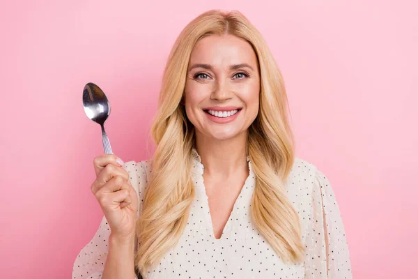 Portrait Satisfied Young Lady Holding Silver Spoon Hungry Want Eat — Stock Photo, Image