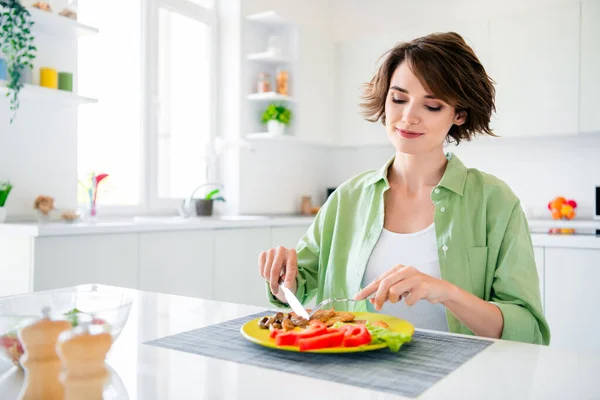 Photo Gorgeous Satisfied Person Hold Knife Fork Eat Tasty Homemade — Stock Photo, Image