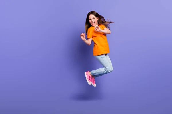 Full Body Size Photo Crazy Jump Overjoyed Schoolgirl Having Fun — Fotografia de Stock