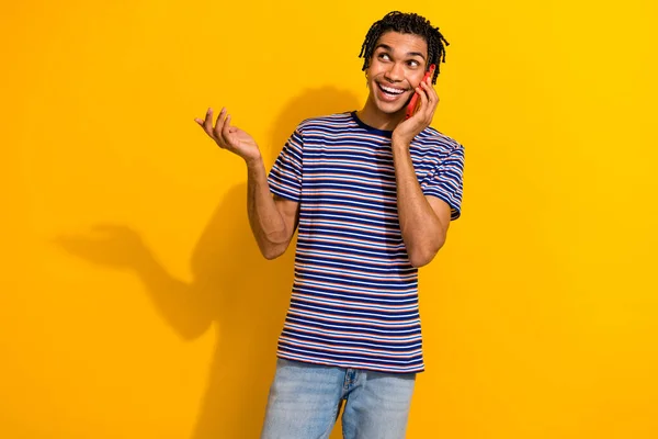 Photo Funky Positive Man Wear Trendy Striped Clothes Talk Phone — Stock Photo, Image