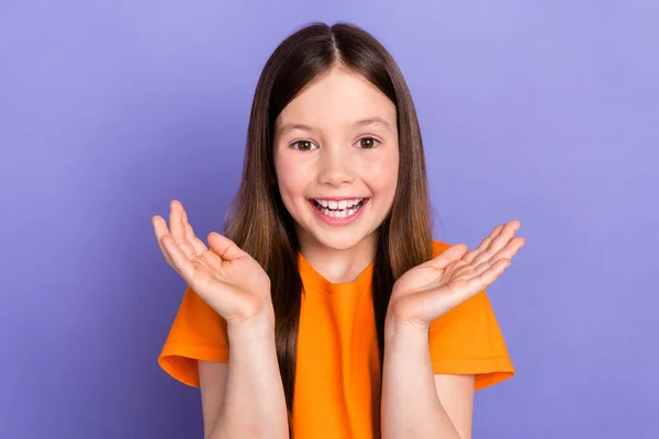Portrait Young Girl Preschool Age Clapping Arms Positive Orange Shirt — Stock Photo, Image