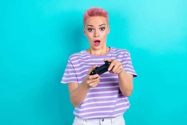 Photo Loser Unhappy Lady Wear Striped Shirt Casual Style Playstation — Stock Photo, Image