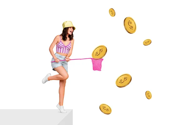 Bild Poster Collage Magazin Von Funky Fröhlich Mädchen Fangen Goldmünzen — Stockfoto