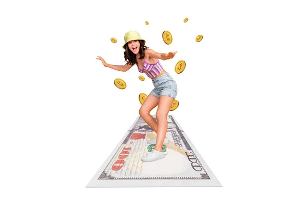 Resim Panosu Kolaj Neşeli Mutlu Kız Yüz Dolarlık Banknot Üzerinde — Stok fotoğraf