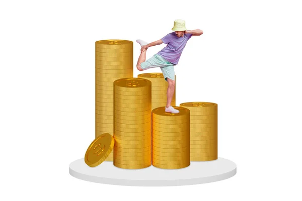 Picture poster 3d collage of crazy carefree guy have fun celebrating success financial growth isolated on white color background.