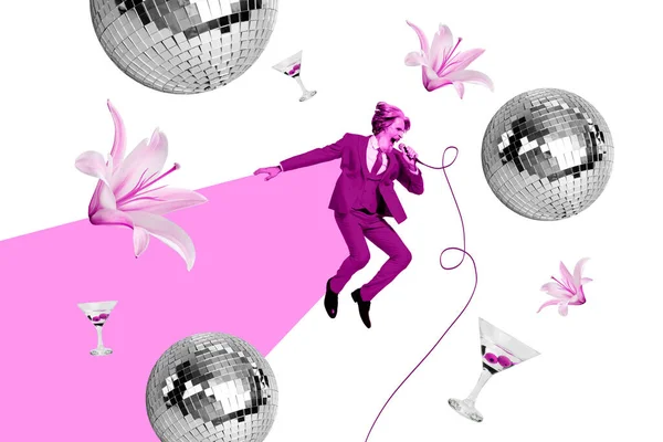 写真3Dディスコボールコラージュ装飾ジャンプ年金紳士カラオケマイクロフォンパーティーピンクの花カクテル背景 — ストック写真