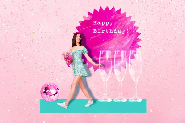 Photo Young Lady Painted Creative Illustration Collage Wineglass Preparation Birthday — Stock Photo, Image