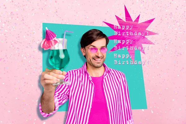 滑稽绅士绅士男子夏季派对快乐生日气氛的创意模板拼贴艺术与粉红背景相隔绝 — 图库照片