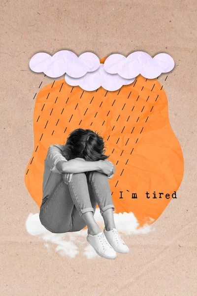 Plantilla Gráficos Collage Imagen Señora Cansada Estresada Sentada Bajo Lluvia —  Fotos de Stock