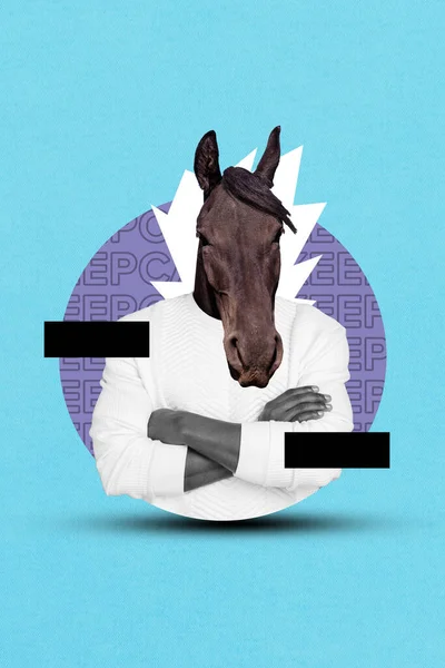 Vertical photo template illustration collage of headless surreal head mask mammal horse face man confident boss isolated on blue background.