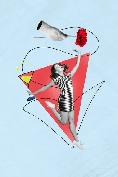 Imagem Colagem Cartão Postal Menina Funky Louco Positivo Divertir Saltar — Fotografia de Stock