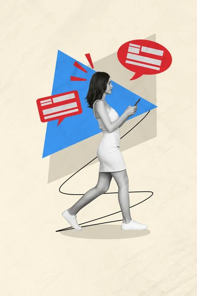 Collage Poster Von Charmanten Schönen Mädchen Fuß Mit Telefon Chatten — Stockfoto