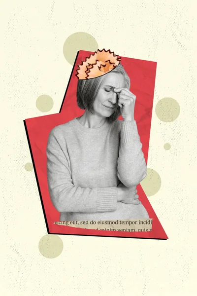 Pionowy Kolaż Obraz Niezadowolonej Babci Cierpi Depresję Ból Głowy Ołówek — Zdjęcie stockowe