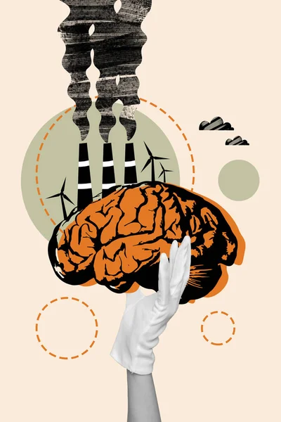 Vertical collage image of black white effect arm glove hold big brain nuclear power plant pollute gas smoke isolated on beige background.