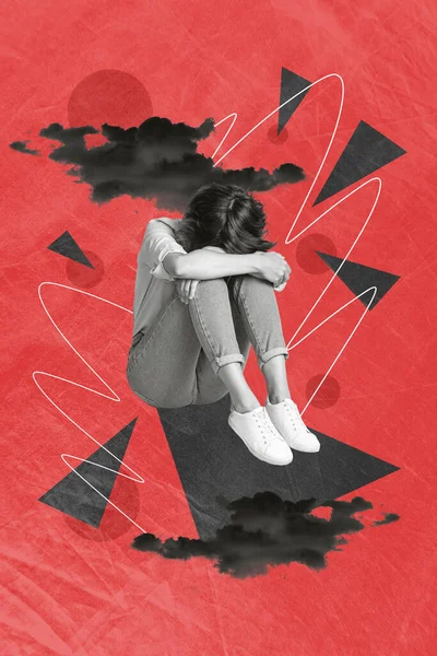 Függőleges Kollázs Kép Fekete Fehér Színek Elégedetlen Lány Sötét Depresszió — Stock Fotó
