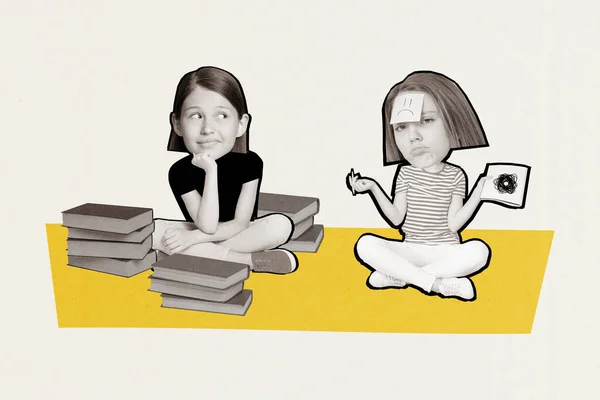 Foto Collage Kunstwerk Von Lustigen Zwei Mädchen Teenager Spielen Witze — Stockfoto
