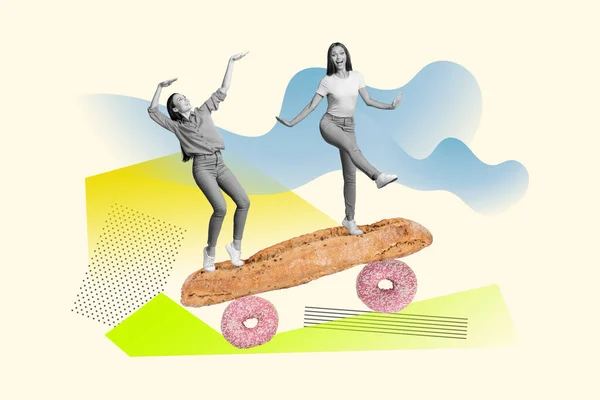 創造的な抽象的なコラージュ画像 人の友人の女の子は馬鹿げた超現実のバゲットに乗って踊る 引き出された背景に隔離された甘いケーキを食べる — ストック写真