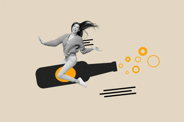 Kreativ Zusammengesetzte Abstrakte Illustration Fotocollage Von Positiven Netten Mädchen Fliegen — Stockfoto