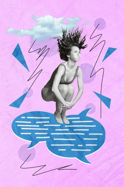 塗装されたバイオレットの背景に隔離されたダイビングダイアログバブル水をジャンプする黒い白い色の少女の垂直コラージュ画像 — ストック写真