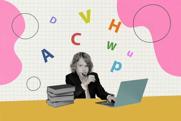 illustration collage of little school kid boy pupil have online lesson use laptop remote studying zoom learn letters foreign alphabet.