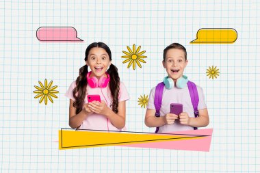 Poster banner collage sketch of excited cheerful schoolchildren chatting phone shocked shopping sale isolated on copybook paper background. clipart