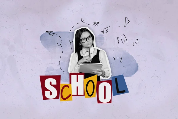 Banner Bild Fotomagazin Collage Von Nachdenklichen Fleißigen Mädchen Lösung Mathe — Stockfoto