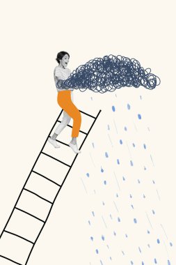 Vertical composite photo collage of astonished woman standing on ladder hold cloud call for rain isolated on creative drawing background. clipart