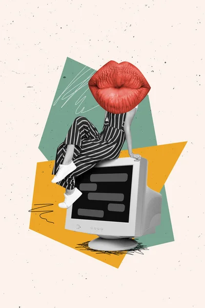 小黑白色的女孩大嘴的垂直拼贴图片 而不是头吻坐在电脑屏幕上 在绘图的背景上与世隔绝 — 图库照片
