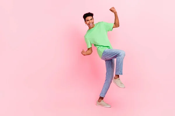 Full Size Photo Funny Ecstatic Guy Dressed Green Shirt Jeans — Stock Photo, Image