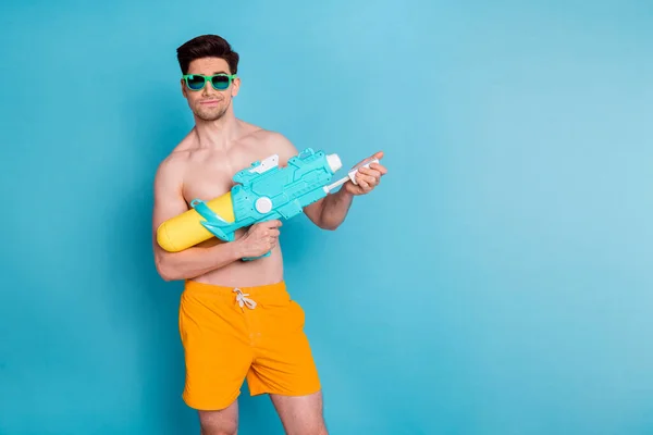 Photo Portrait Attractive Young Man Hold Water Gun Toy Have — Photo