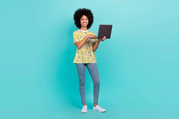 stock image Full length photo of funny positive girl wear stylish clothes use wireless netbook device isolated on cyan color background.