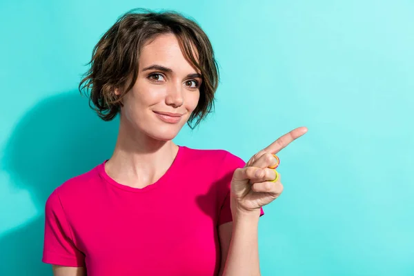 Portrait Friendly Lovely Positive Lady Look Indicate Finger Empty Space — Stock Photo, Image