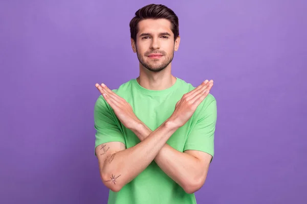Portrait Confident Handsome Guy Bristle Wear Green Shirt Hold Arms — Stock Photo, Image