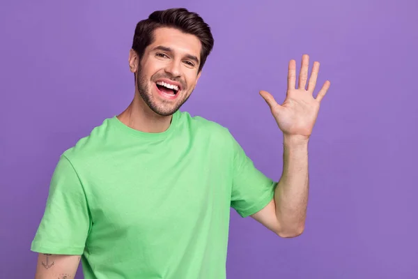 Photo Portrait Young Funky Man Waves Palm Hello Sign Greetings — Stock Photo, Image