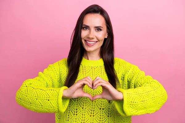 Photo Funky Adorable Lady Wear Neon Yellow Pullover Showing Arms — Stock Photo, Image