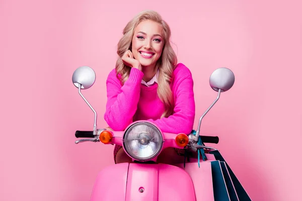 Photo Lovely Adorable Lady Wavy Hairstyle Sit Motorcycle Hand Touch — Stock Photo, Image