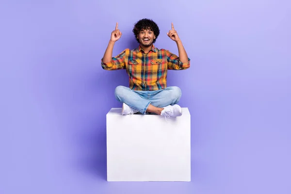 Full Size Photo Cheerful Nice Person Sitting Podium Cube Direct — Stock Photo, Image