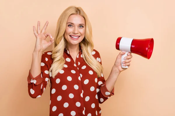 Photo Attractive Positive Lady Toothy Smile Hold Loudspeaker Toa Demonstrate — Stock Photo, Image