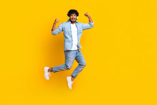Full Length Photo Cheerful Lucky Man Wear Jeans Shirt Jumping — Stock Photo, Image